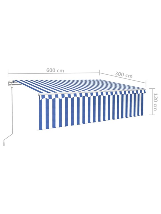 Automaattimarkiisi verhoilla 6x3 m sinivalkoinen