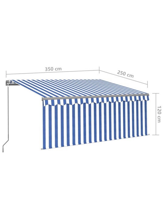 Käsin sisäänkelattava markiisi verhoilla 3,5x2,5 m sinivalk.