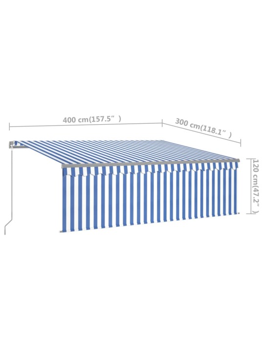 Manuaalisesti kelattava markiisi verho/LED 4x3 m sinivalkoinen