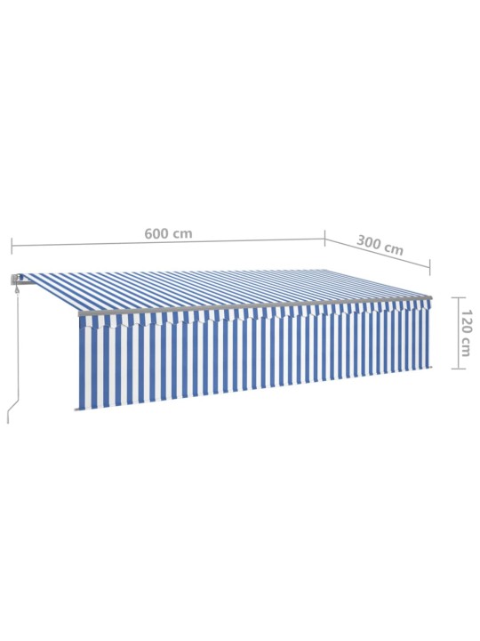 Automaattimarkiisi verho/LED/tuulisensori 6x3 m sinivalkoinen