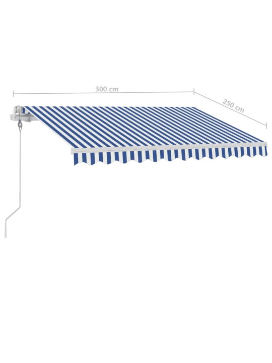 Vapaasti seisova sisäänkelattava markiisi 300x250 cm sinivalk.