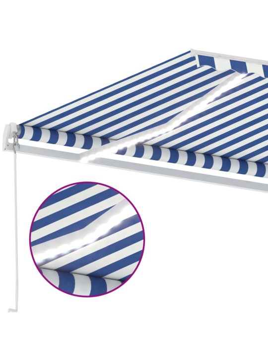 Käsin sisäänkelattava markiisi ledillä 350x250 cm sinivalkoinen