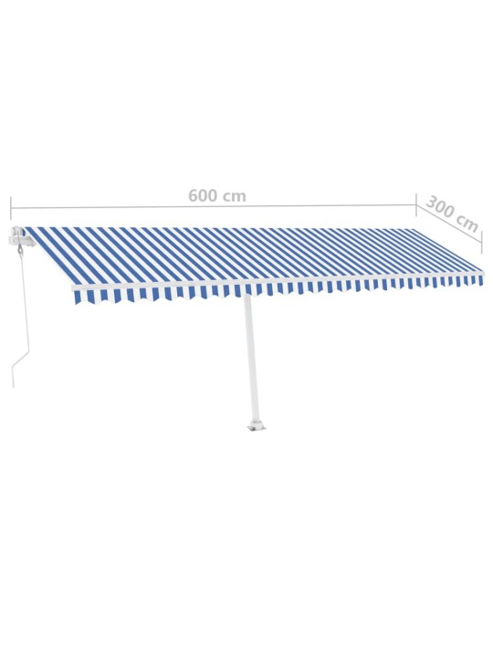 Vapaasti seisova sisäänkelattava markiisi 600x300 cm sinivalk.