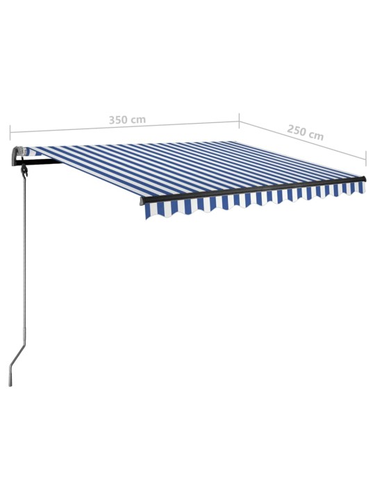 Vapaasti seisova sisäänkelattava markiisi 350x250 cm sinivalk.