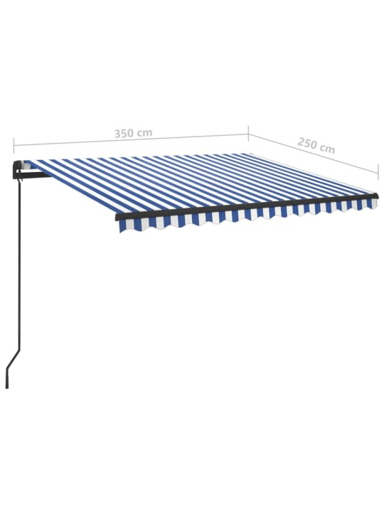 Manuaalisesti kelattava markiisi LEDillä 3,5x2,5 m sinivalk.