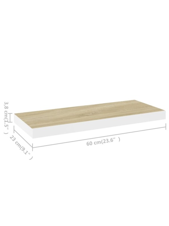 Kelluvat seinähyllyt 2 kpl tammi ja valkoinen 60x23,5x3,8cm MDF