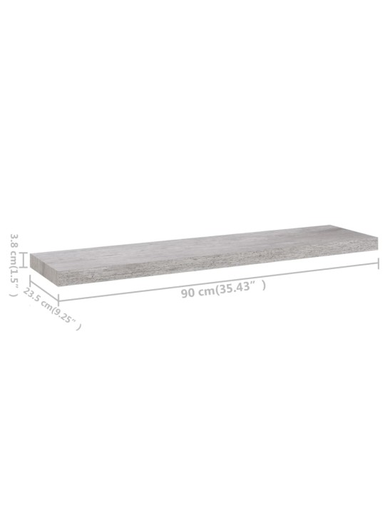 Kelluvat seinähyllyt 2 kpl betoninharmaa 90x23,5x3,8 cm MDF