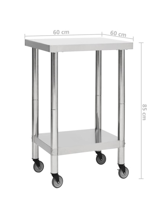 Keittiön työpöytä pyörillä 60x60x85 cm ruostumaton teräs