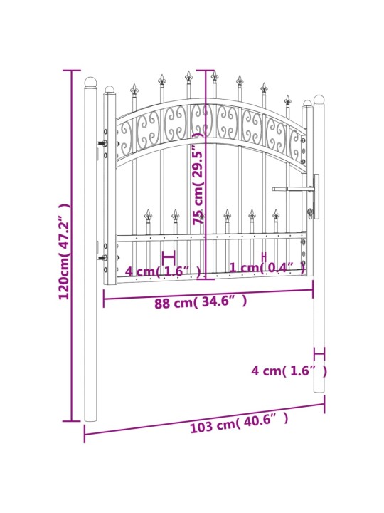 Puutarhaportti keihäskärjet musta 103x120cm jauhemaalattu teräs