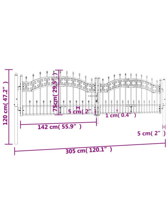 Puutarhaportti keihäskärjet musta 305x120cm jauhemaalattu teräs