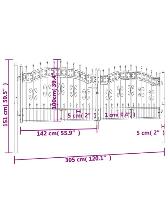 Puutarhaportti keihäskärjet musta 305x151cm jauhemaalattu teräs