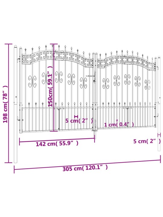 Puutarhaportti keihäskärjet musta 305x198cm jauhemaalattu teräs