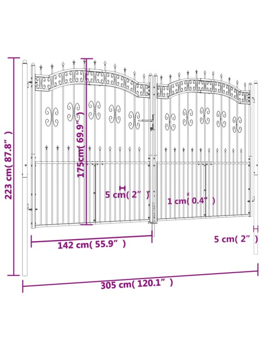 Puutarhaportti keihäskärjet musta 305x223cm jauhemaalattu teräs