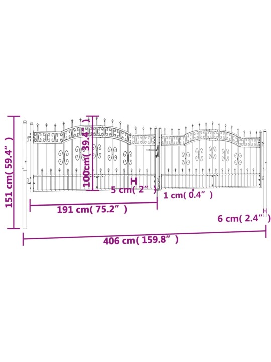 Puutarhaportti keihäskärjet musta 406x151cm jauhemaalattu teräs