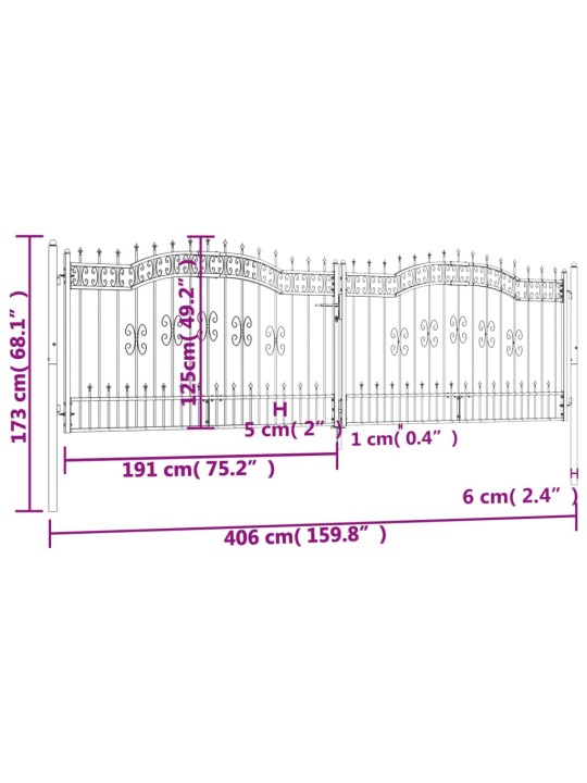 Puutarhaportti keihäskärjet musta 406x173cm jauhemaalattu teräs