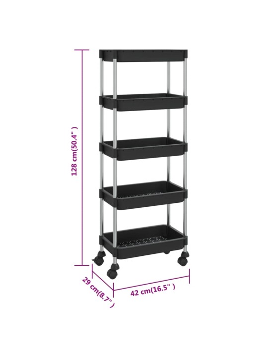 5-kerroksinen keittiövaunu musta 42x29x128 cm rauta ja ABS