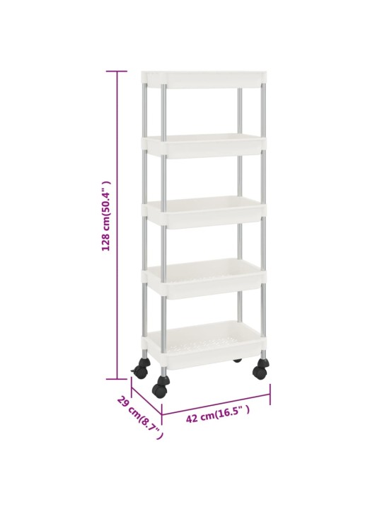 5-kerroksinen keittiövaunu valkoinen 42x29x128 cm rauta ja ABS