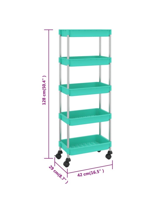 5-kerroksinen keittiövaunu turkoosi 42x29x128 cm rauta ja ABS