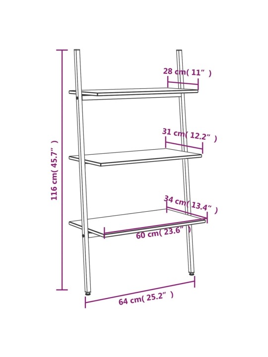 3-kerroksinen kalteva hylly vaaleanruskea ja musta 64x34x116 cm