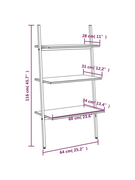 3-kerroksinen kalteva hylly tummanruskea ja musta 64x34x116 cm