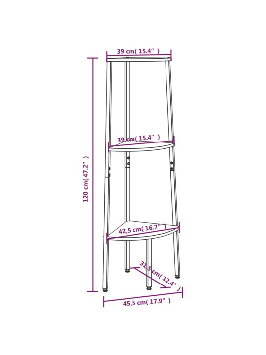3-kerroksinen kulmahylly tummanruskea ja musta 45,5x31,5x120 cm