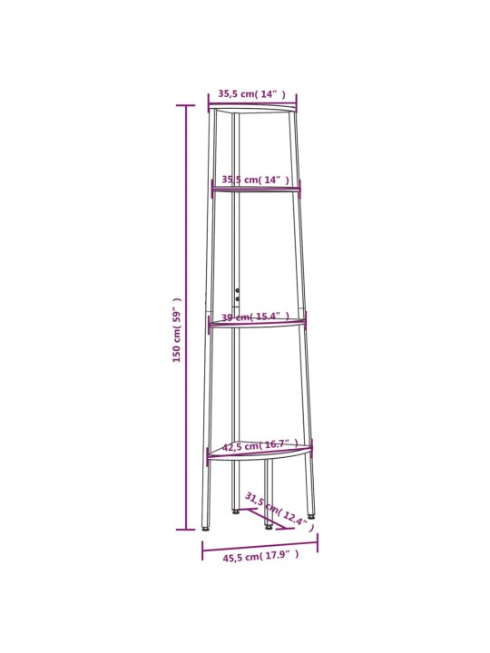 4-kerroksinen kulmahylly tummanruskea ja musta 45,5x31,5x150 cm