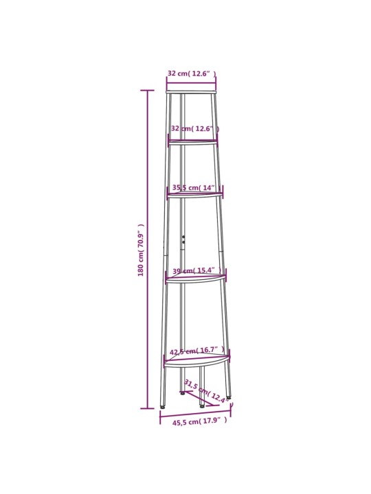 5-kerroksinen kulmahylly tummanruskea ja musta 45,5x31,5x180 cm
