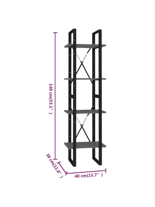 4-tasoinen kirjahylly harmaa 40x30x140 cm lastulevy