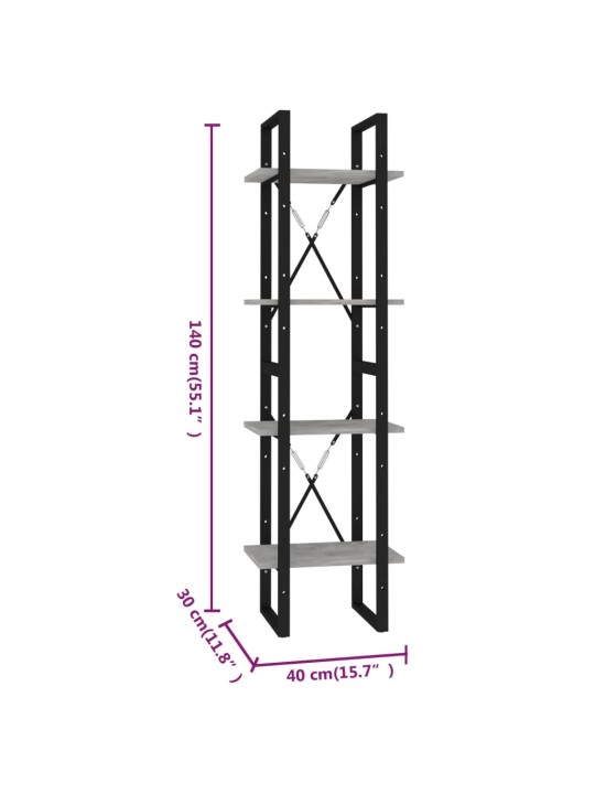 4-tasoinen kirjahylly betoninharmaa 40x30x140 cm lastulevy