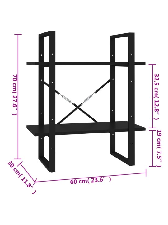 2-tasoinen kirjahylly musta 60x30x70 cm lastulevy