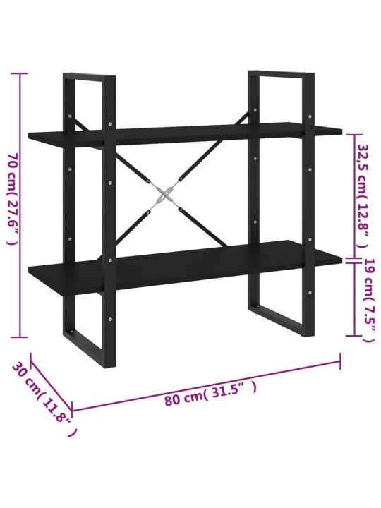 2-tasoinen kirjahylly musta 80x30x70 cm lastulevy