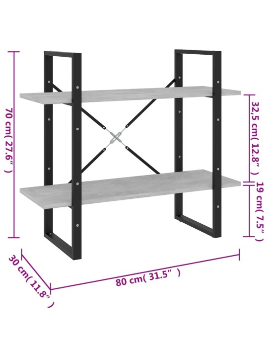 2-tasoinen kirjahylly betoninharmaa 80x30x70 cm lastulevy