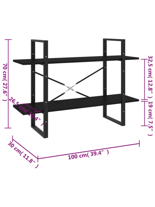 2-tasoinen kirjahylly musta 100x30x70 cm lastulevy