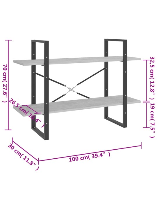 2-tasoinen kirjahylly betoninharmaa 100x30x70 cm lastulevy