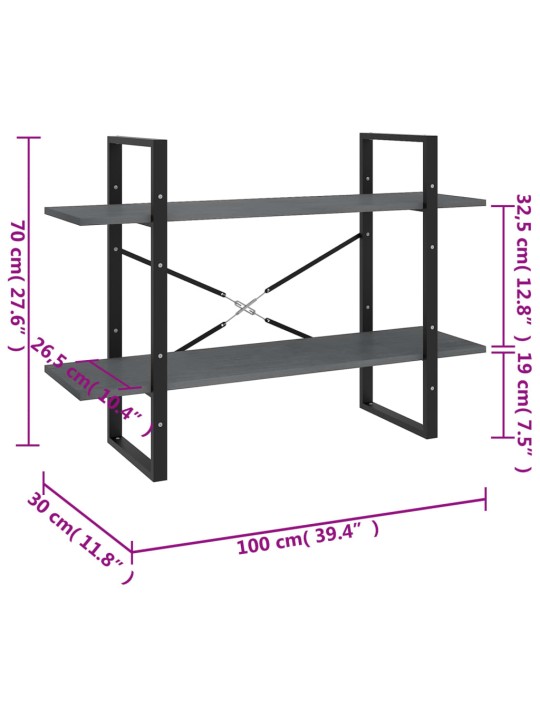 2-tasoinen kirjahylly harmaa 100x30x70 cm täysi mänty
