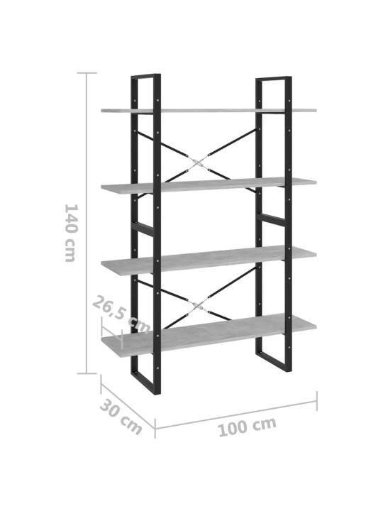 4-tasoinen kirjahylly betoninharmaa 100x30x140 cm lastulevy