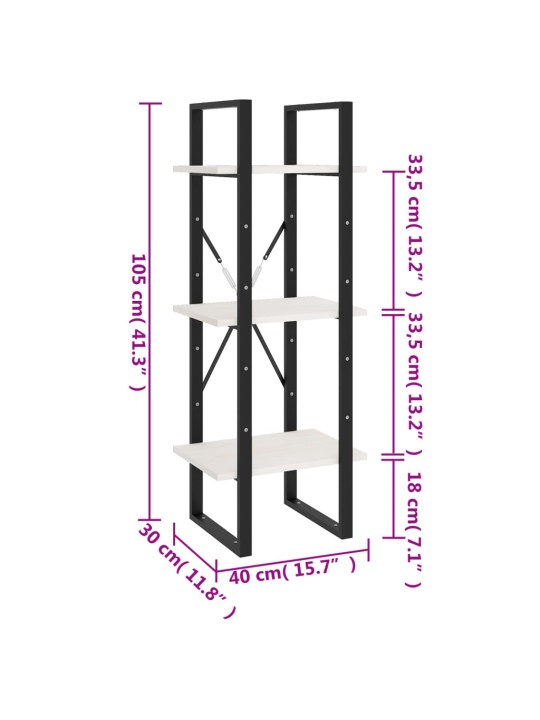 3-tasoinen kirjahylly valkoinen 40x30x105 cm täysi mänty