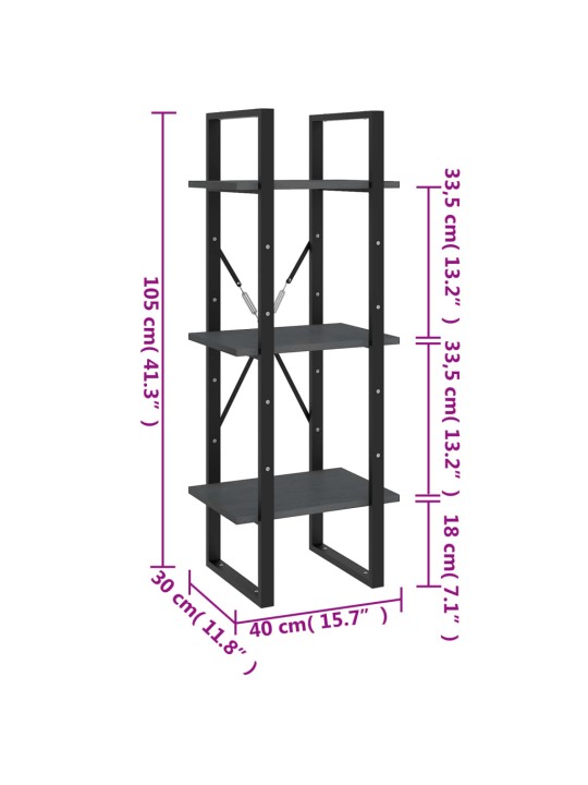 3-tasoinen kirjahylly harmaa 40x30x105 cm täysi mänty