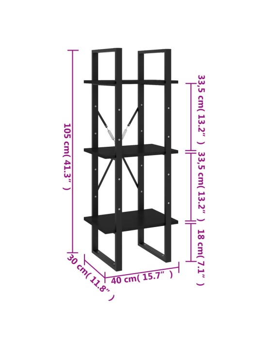 3-tasoinen kirjahylly musta 40x30x105 cm täysi mänty