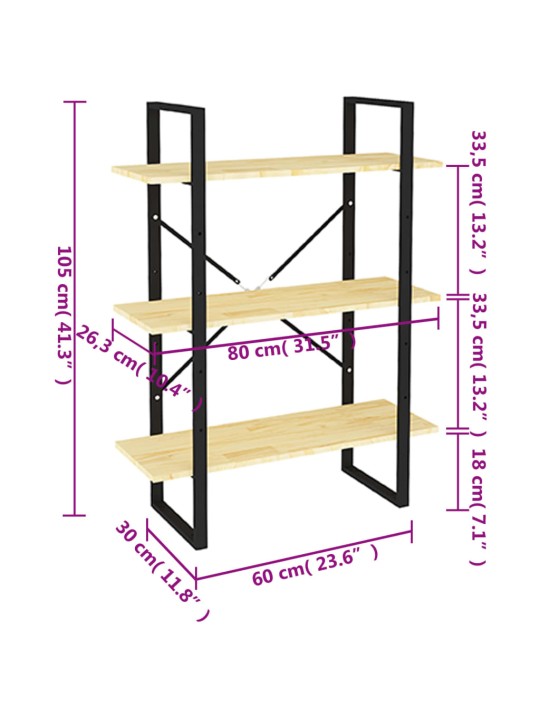 3-tasoinen kirjahylly 80x30x105 cm täysi mänty