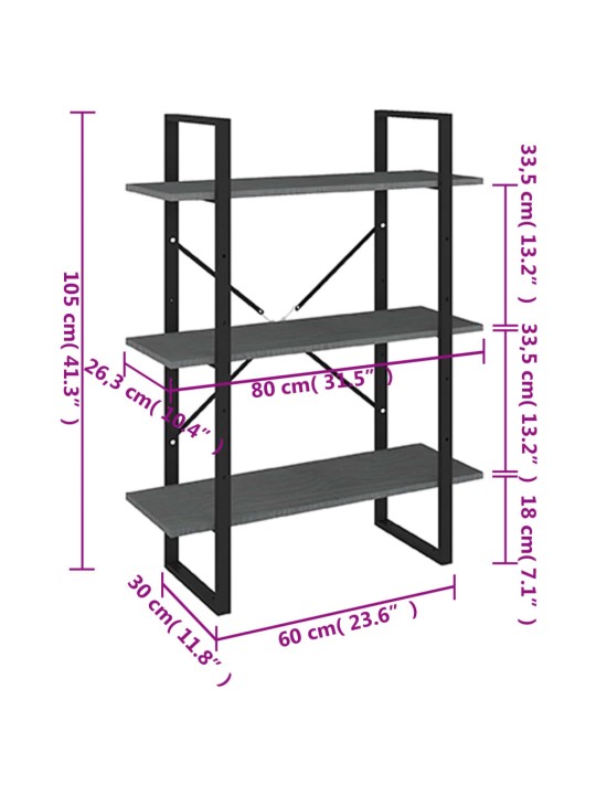 3-tasoinen kirjahylly harmaa 80x30x105 cm täysi mänty