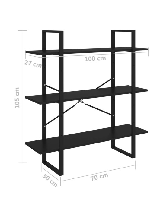 3-tasoinen kirjahylly musta 100x30x105 cm täysi mänty