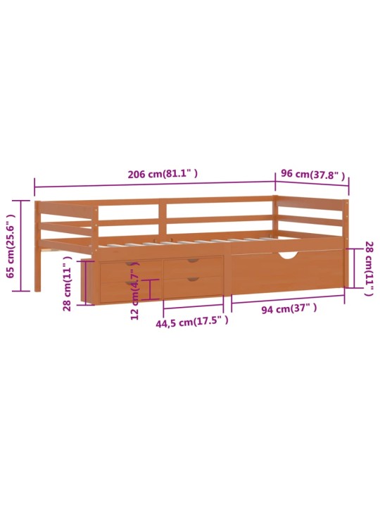 Sängynrunko laatikoilla ja kaapilla hunajanrusk. mänty 90x200cm