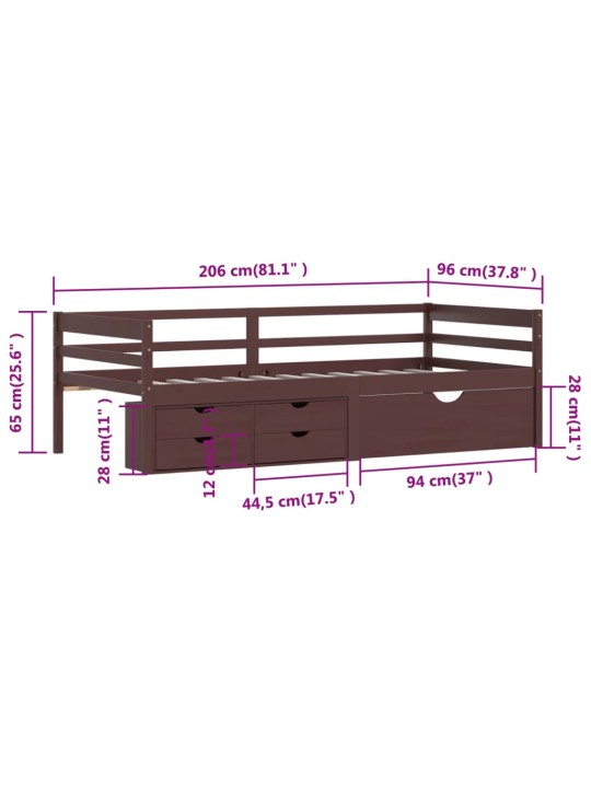 Sängynrunko laatikoilla ja kaapilla tummanrusk. mänty 90x200cm