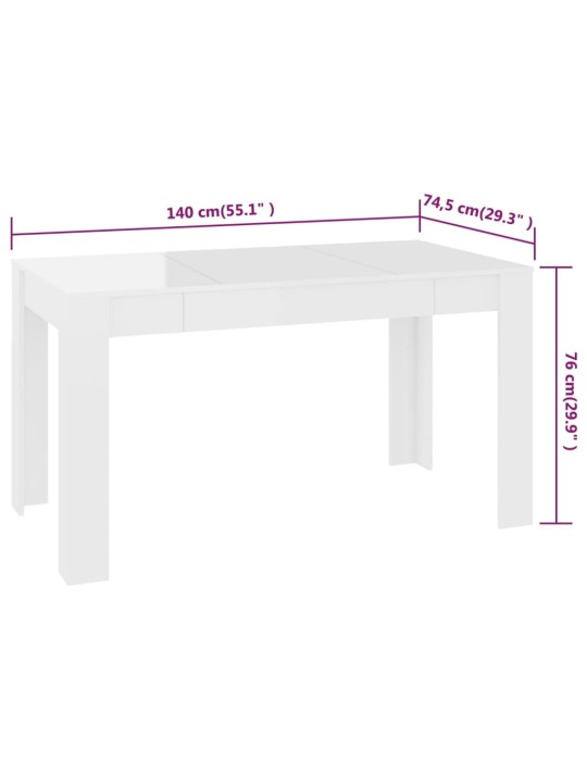 Ruokapöytä korkeakiilto valkoinen 140x74,5x76 cm lastulevy