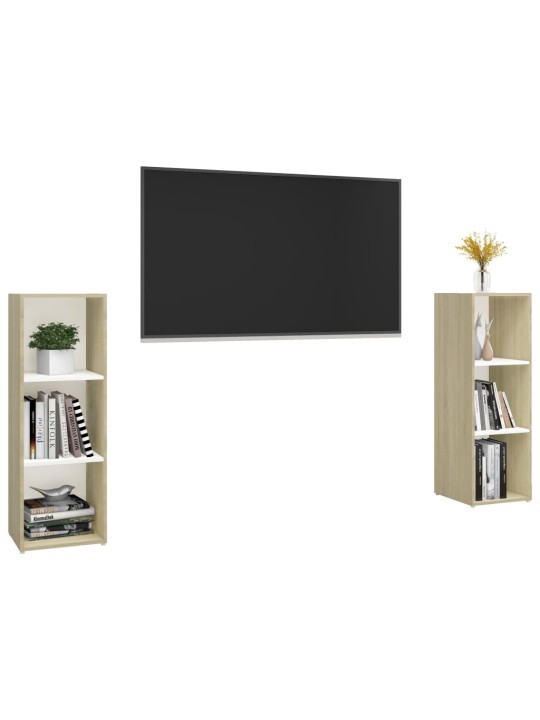 TV-tasot 2 kpl valkoinen/Sonoma-tammi 107x35x37 cm lastulevy