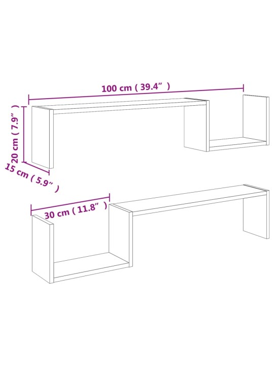 Seinähyllyt 2 kpl Sonoma-tammi 100x15x20 cm tekninen puu