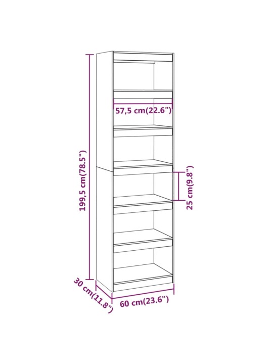 Kirjahylly/tilanjakaja 60x30x199,5 cm täysi mänty