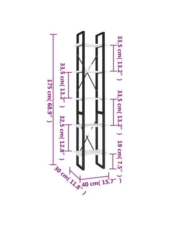 5-tasoinen Kirjahylly valkoinen 40x30x175 cm tekninen puu