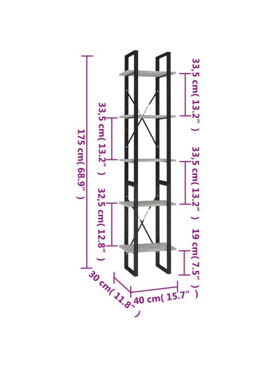 5-tasoinen kirjahylly betoninharmaa 40x30x175 cm tekninen puu